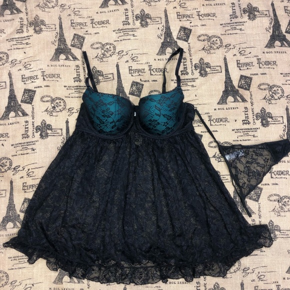 Frederick's Of Hollywood NWOT! Black Lace Mesh Babydoll And Bottom 2 Piece Set - Picture 11 of 14
